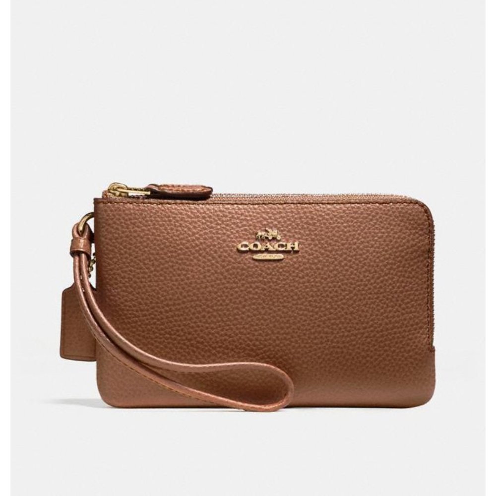 Coach Double Corner Zip Wristlet In Saddle